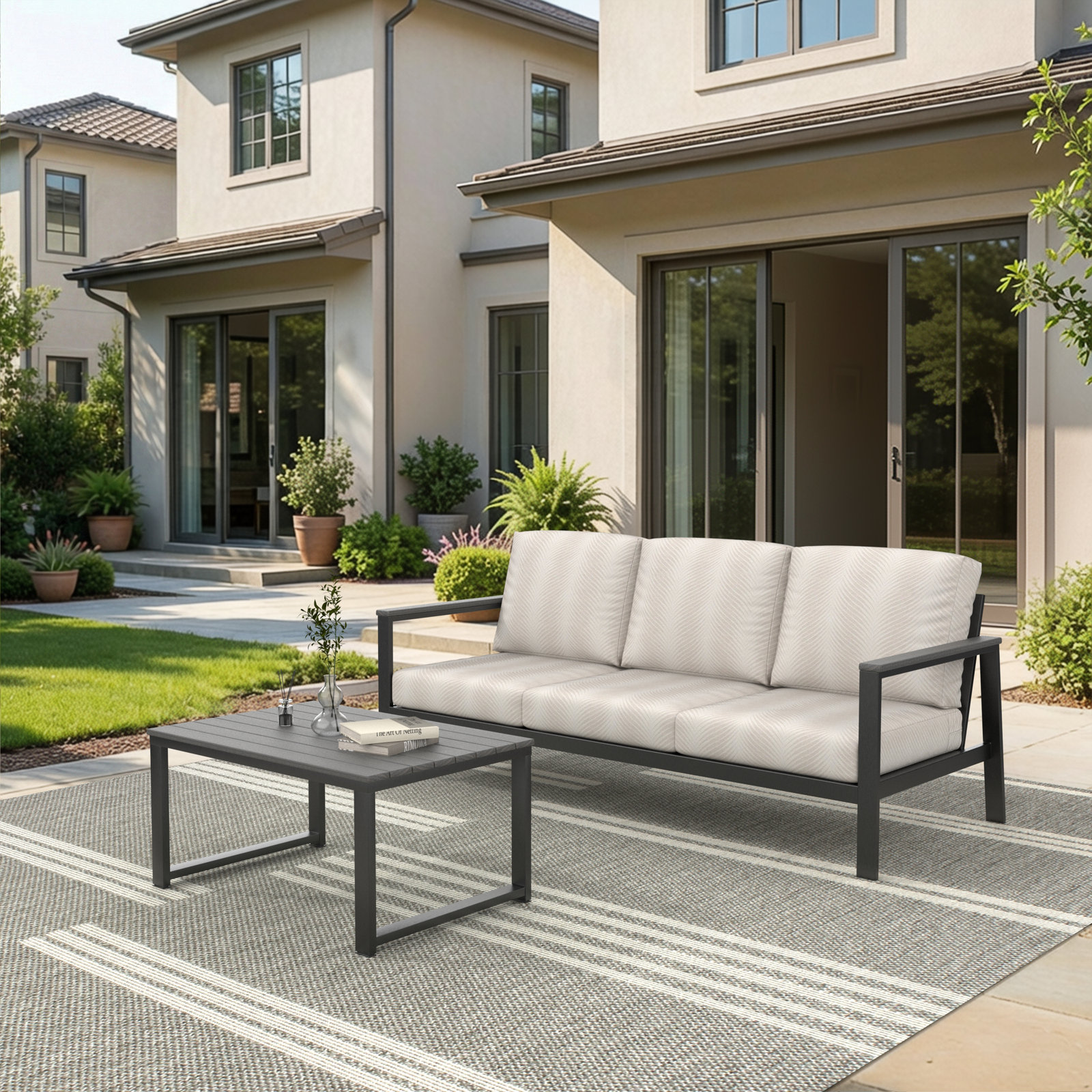 Townsend 80.3" Wide Outdoor Patio Sofa with Sunbrella Cushions, Beige, Black