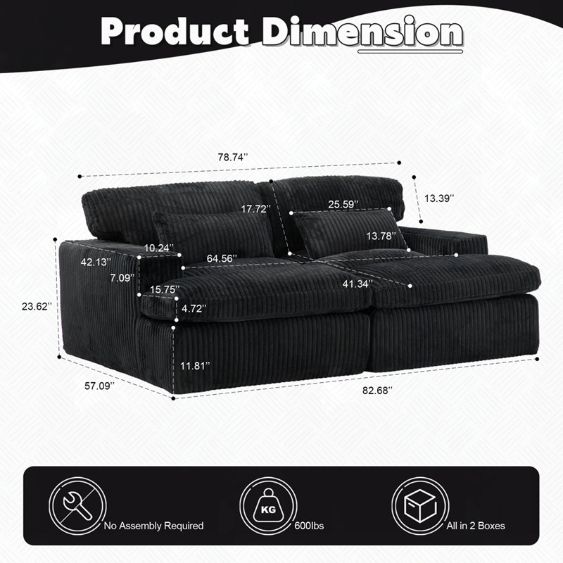 Canapé-lit désossé surdimensionné rembourré, Noir, H 37,01 po x l 82,68 po x P 57,09 po