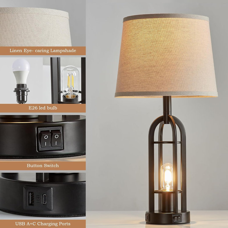 Black Metal Farmhouse Table Lamps Set with Linen Shades and USB Ports