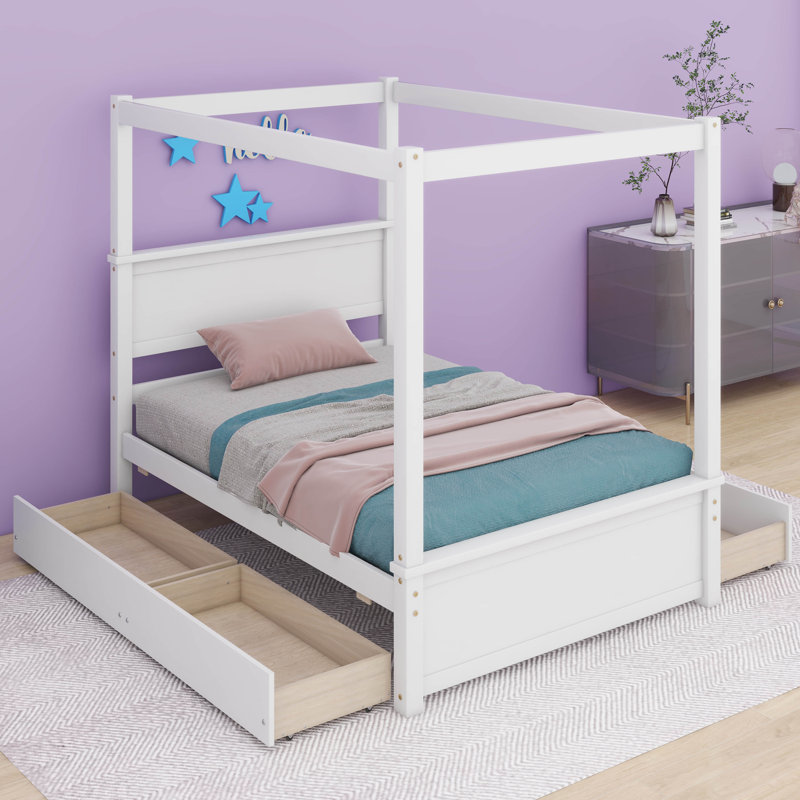 Lit à baldaquin en bois avec quatre tiroirs Adwoa, Blanc brossé