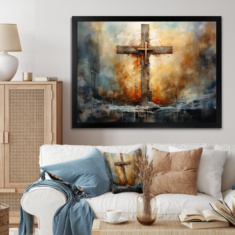 Croix, symbole puissant - art mural, H 12 po x l 20 po x P 1 po, Cadre simple noir