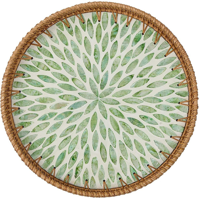 Plateau rond en rotin pour la décoration intérieure, plateau de service Boho moderne avec incrustation de nacre, panier en osier tissé à la main pour table basse, vert