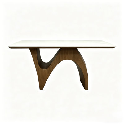 Modern Dining Table With Marble-like Stone Top And Sculptural Wooden Base