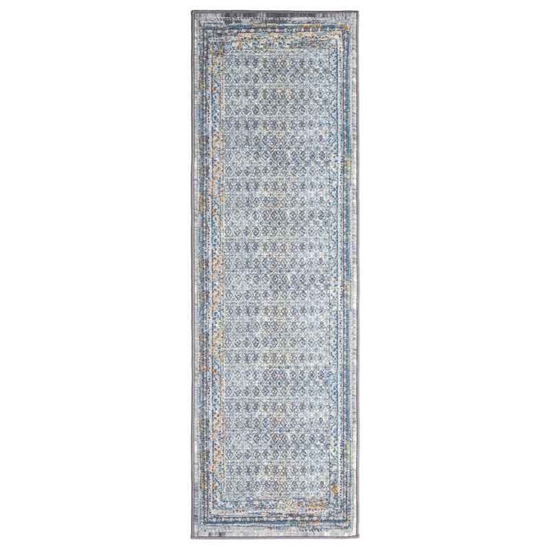 Tapis ivoire / bleu à motif de losanges lavables Lyanne, Tapis de couloir 2 pi 2 po x 7 pi