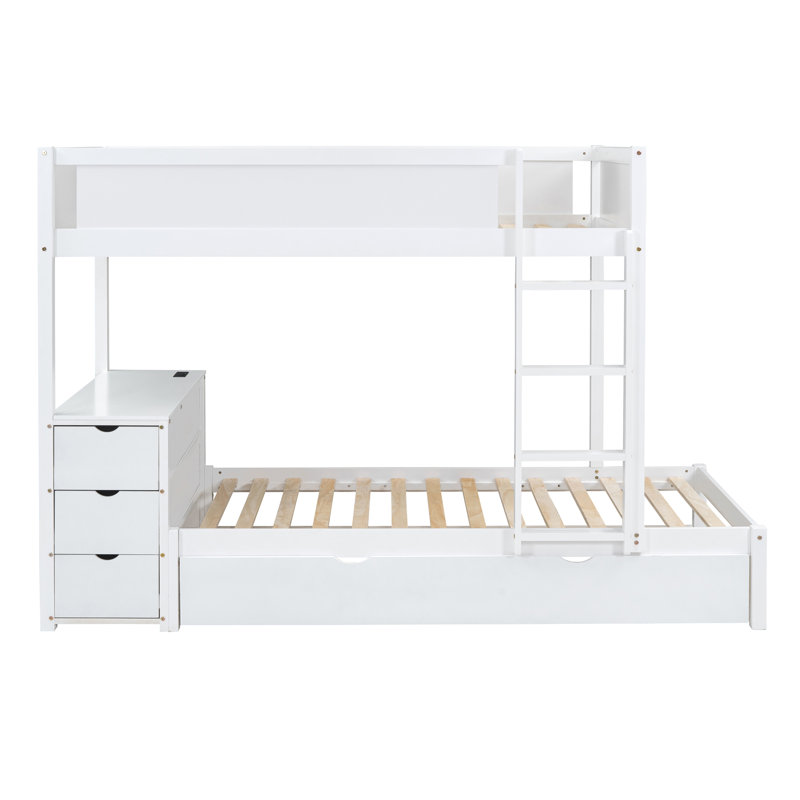 Lit superposé avec lit gigogne, rangement intégré, bureau, fabrication en bois massif, ensemble de couchage fonctionnel et peu encombrant
