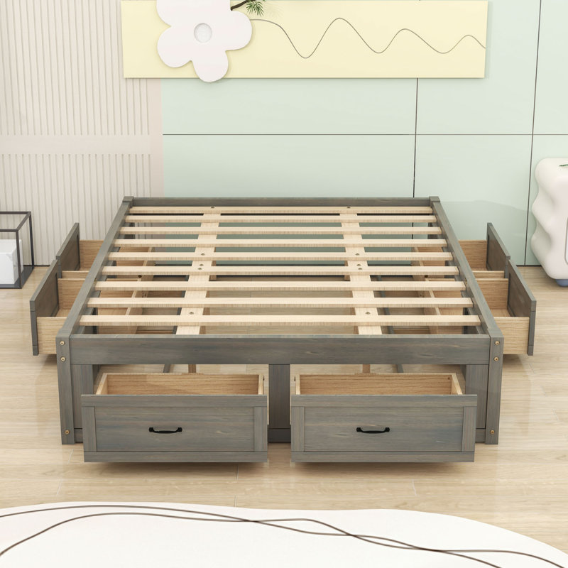 Lit plateforme en bois 6 tiroirs au design épuré, Gris antique, Grand