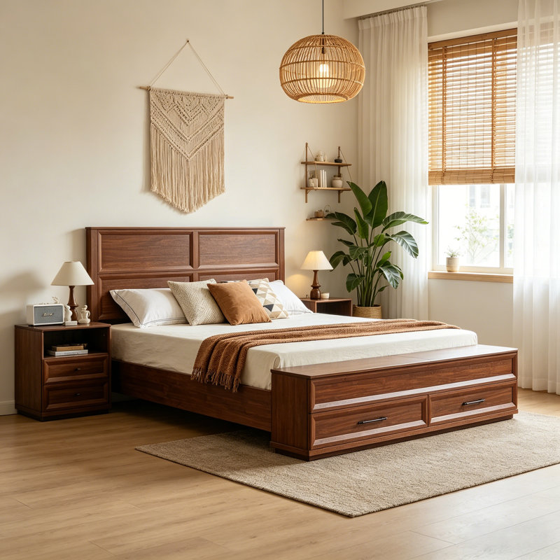 Très grand lit plateforme avec tête de lit géométrique 3D et banc de rangement, 4 tiroirs, Très grand lit, Brun