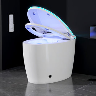 Toilette bidet intelligente tout-en-un, conception monobloc sans réservoir avec bouclier en mousse, couvercle à ouverture automatique et chasse d'eau à capteur de pied