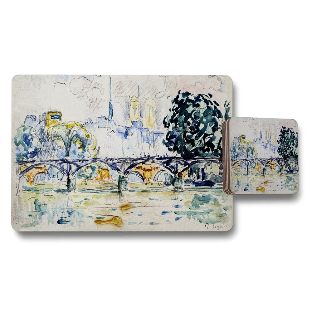 Watercolor Cityscape Placemat And Coaster Set With Bridge Over River