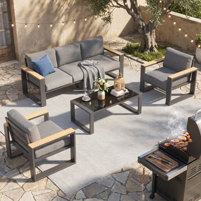 Ensembles de mobilier de patio en aluminium avec sièges surdimensionnés, ensemble de mobilier d'extérieur pour toutes les saisons, ensembles de conversation d'extérieur avec accoudoirs en bois doux au toucher