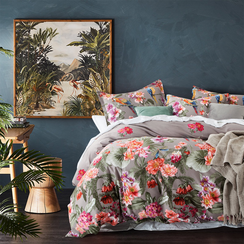 Ensemble de housse de couette en coton rose / vert Pima, Housse de couette simple et 1 taie d'oreiller