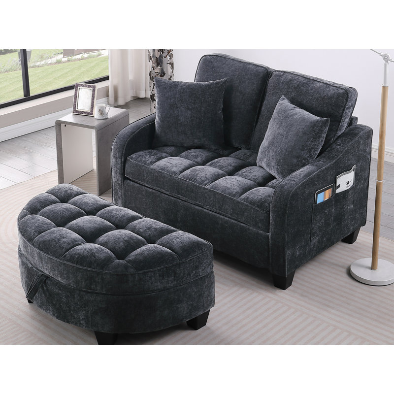 Accent Chair With Storage Semicircular Ottoman, Black