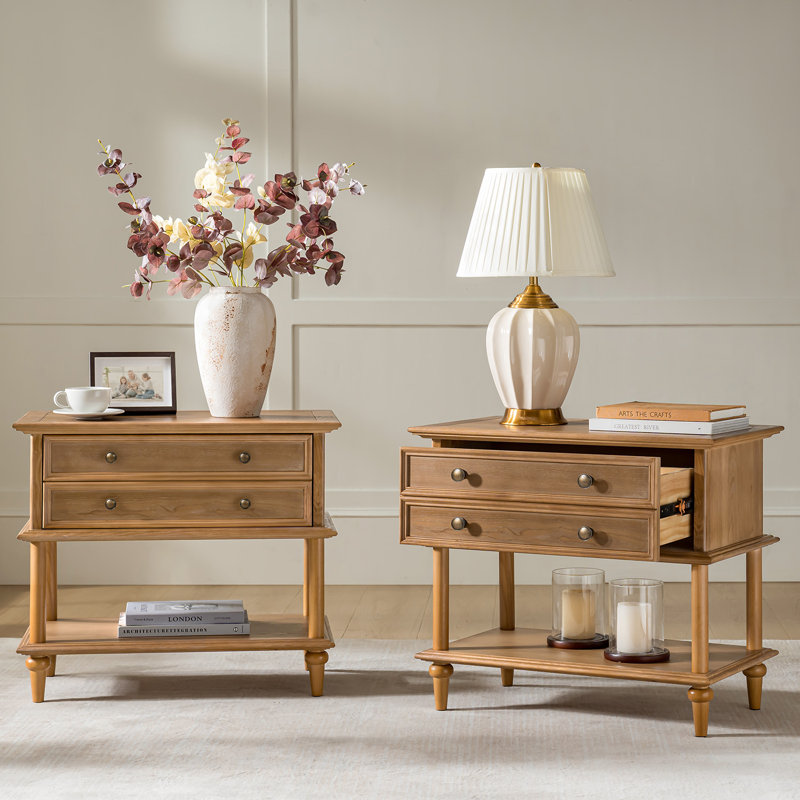 Hicks 28.4"W Solid Wood 1-Drawer Nightstand with Built-In Outlets and USB Ports Set of 2, Oak