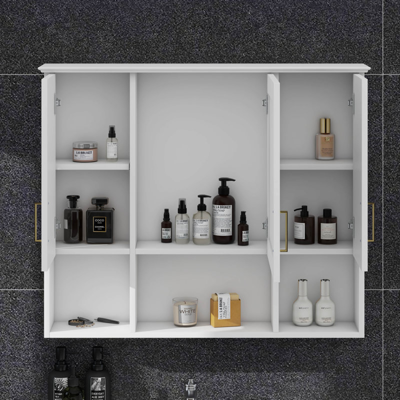 Armoire de salle de bain avec miroir, armoire à pharmacie murale avec tablettes réglables et espaces ouverts, Blanc