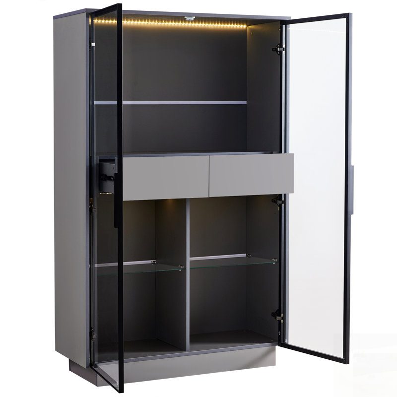 Freestanding Glass Door Display Cabinet With LED Lighting, Adjustable Shelves, And 2 Storage Drawers For Versatile Home And Office Use