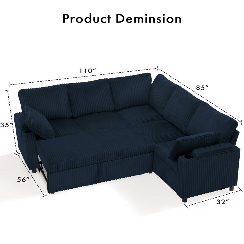 85" Corduroy Modular Corner Sofa With Usb Ports, Sectional L-Shaped Pull Out Sofa Bed For Living Room, House, Blue