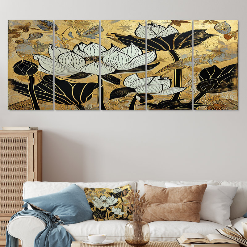 5 feuilles de lotus blanc sur fond doré rétro - lotus, H 28 po x l 60 po