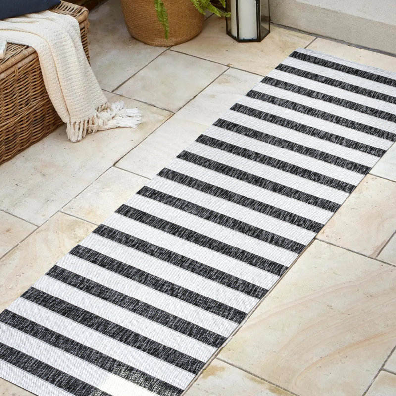 Aveiro Wide Stripe Black/Cream Indoor/Outdoor Rug, Runner 2'2" x 8'