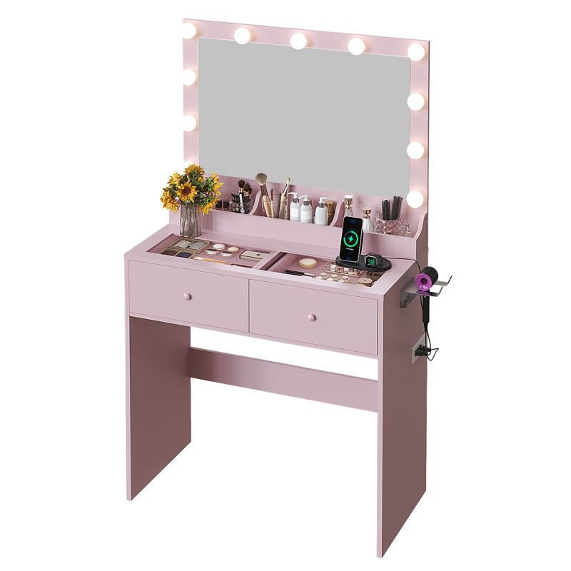 Vanity Desk with 3-Color Lights - Glass Top, 2 Drawers & Power Strip, Light Pink
