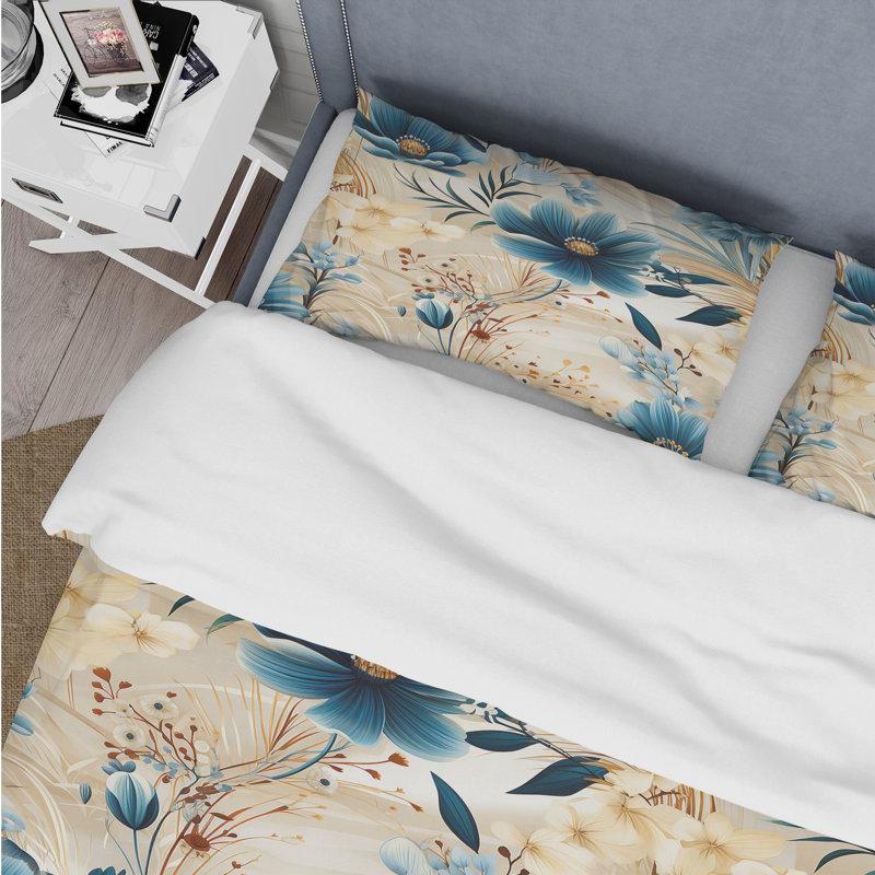 Literie à fleurs beige et bleue, Housse de couette simple + 1 taie décorative stan