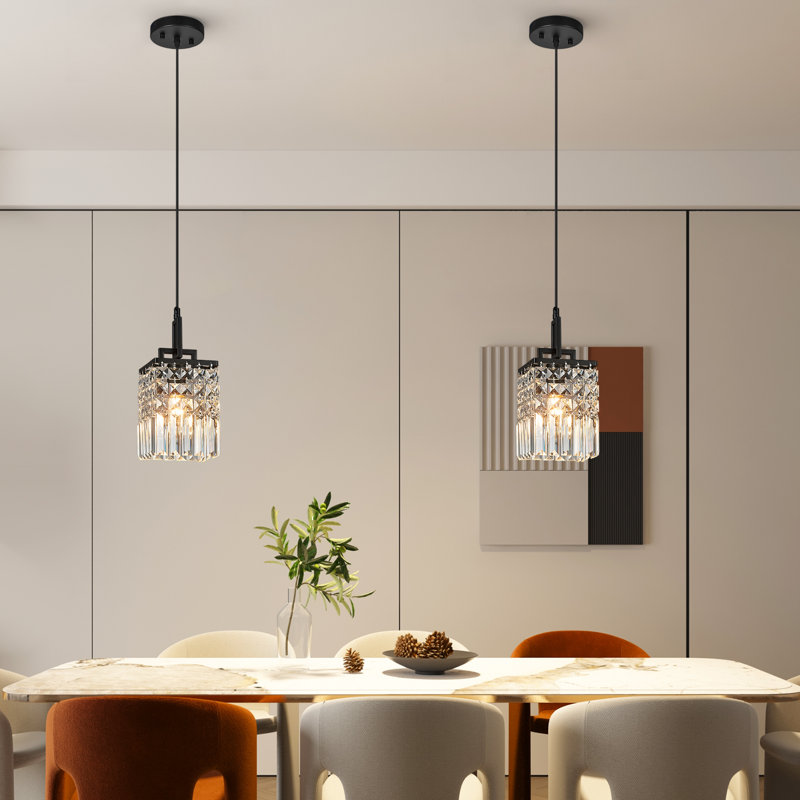 2-Pack Modern Crystal Square Black Pendant Light, Adjustable Farmhouse Hanging Lamp for Kitchen Island, Dining Room, Bedroom