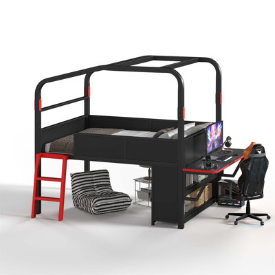 Lit mezzanine bas avec bureau latéral et ports USB, lit mezzanine en métal de style jeu avec lumières DEL, armoires de rangement et conception à baldaquin chic (matelas non inclus)