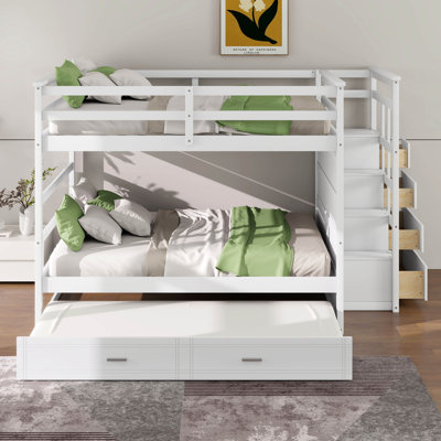 Full Over Full Bunk Bed With Trundle And Staircase, Multifunction Solid Wood Bunk Bed With 4 Storage Drawers And Safety Guardrail