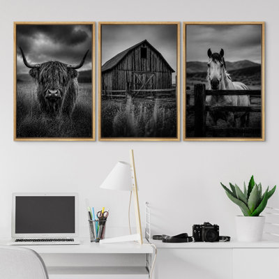 Noir et blanc ferme grange Highland Cow Horse campagne campagne paysage Western rustic Farmhouse Wall Art Decor encadré sur toile 3 pièces