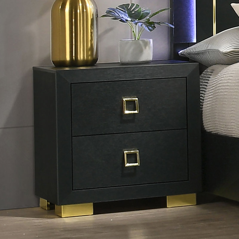 Table de chevet contemporaine 1 pièce avec glissière centrale 2 tiroirs et poignées carrées, idéale pour mettre à jour le décor de la chambre à coucher