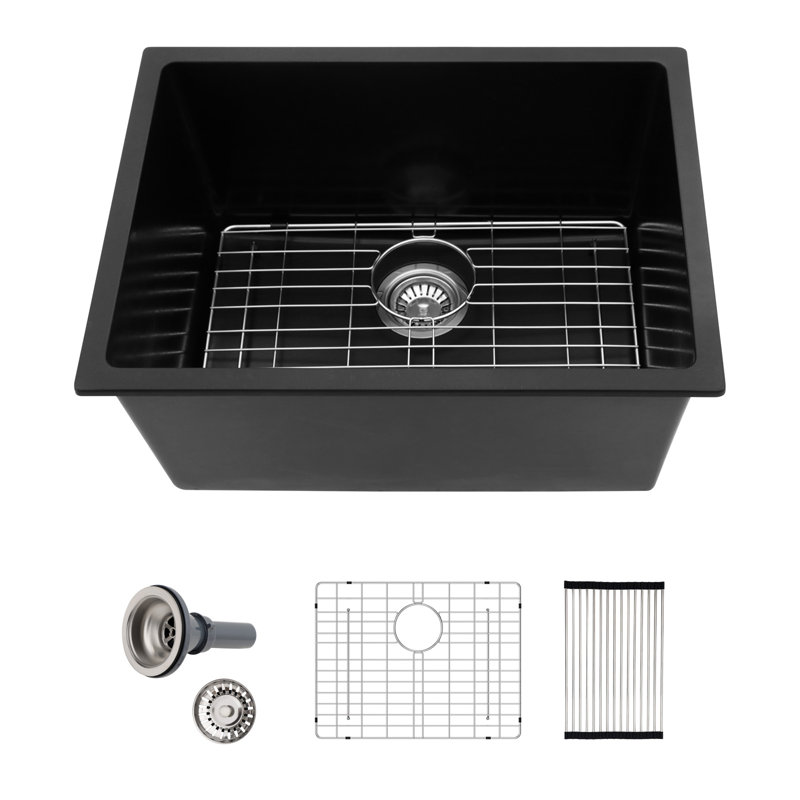 Évier de service 24 po x l 18 po à cuve simple encastrable en quartz noir avec grille inférieure