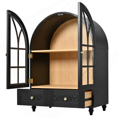 Arched Display Cabinet with Tempered Glass Doors, Wood Storage Cabinet with Natural Wood Grain Finish, Solid Wood Legs Accent Cabinet with Drawers for Living Room, Dining Room, Office