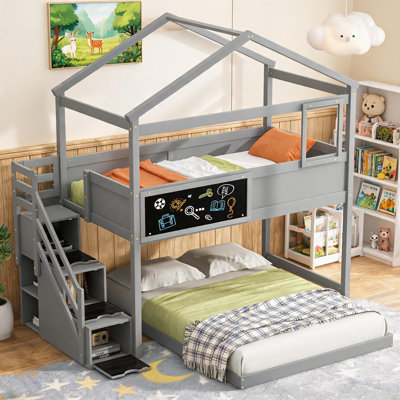 House Shaped Twin Over Full Bunk Bed Frame Solid Pine Neutral Gray With Storage Staircase And Blackboard For Bedroom
