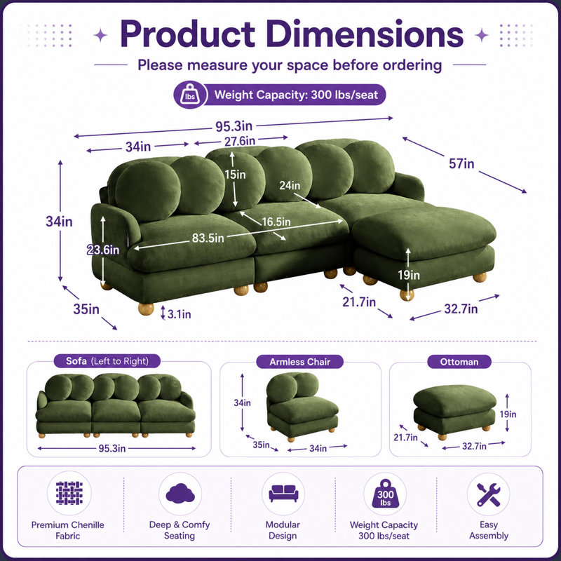 Canapé modulaire en L 3 places avec repose-pieds mobile Chancy Chancy, Vert