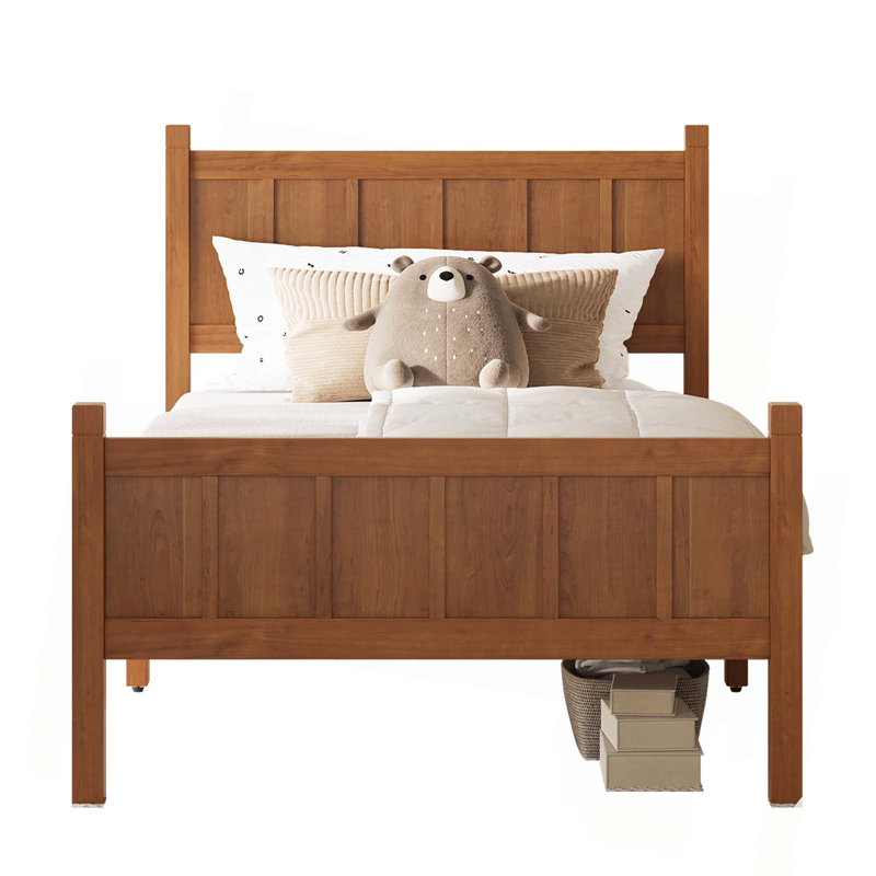 Flat Panel Bed with Headboard & Footboard,Minimalist Modern Platform Bed with Wood Grain Finish, Walnut, Twin