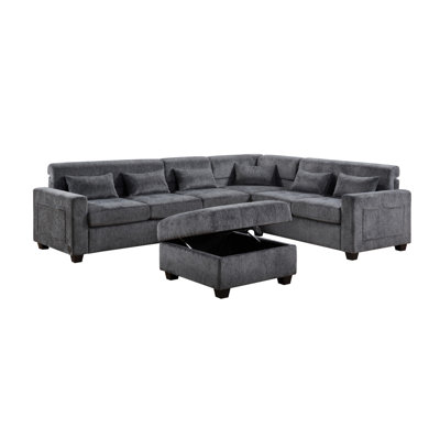 Trey 115"W Gray Chenille Sectional Sofa With Adjustable Backrest, Charging Ports, Pockets, Tufting, Storage Ottoman, Throw Pillows