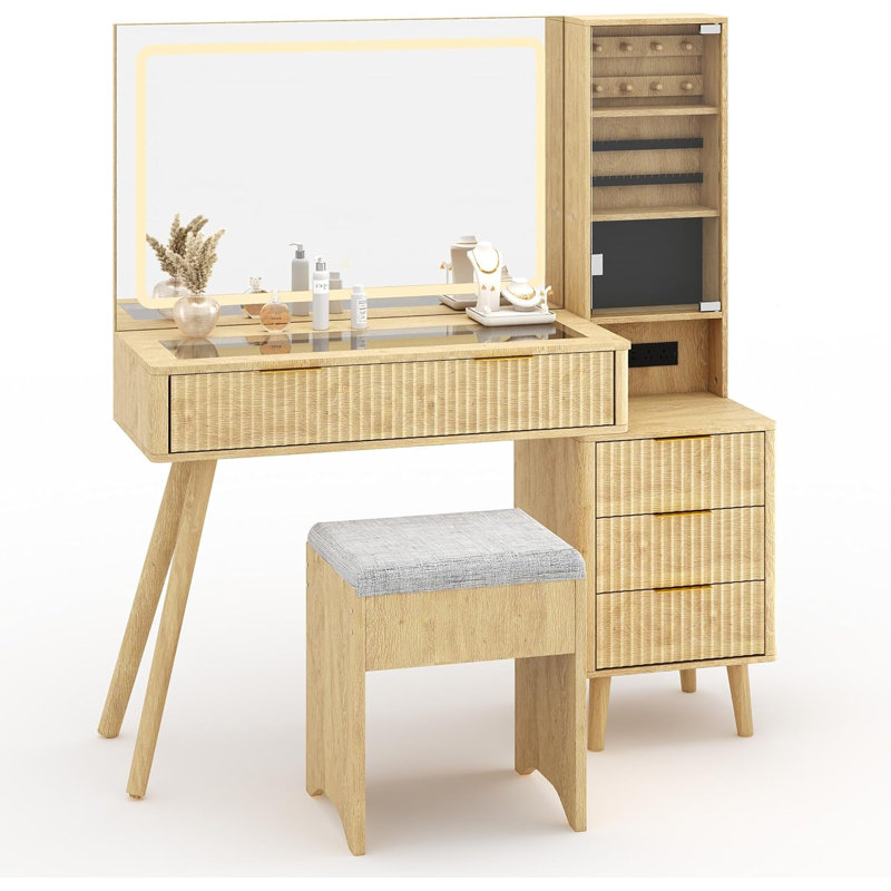 48 Inch Fluted Makeup Vanity Desk with Lighted Mirror Charging Station and Storage Stool, Beige