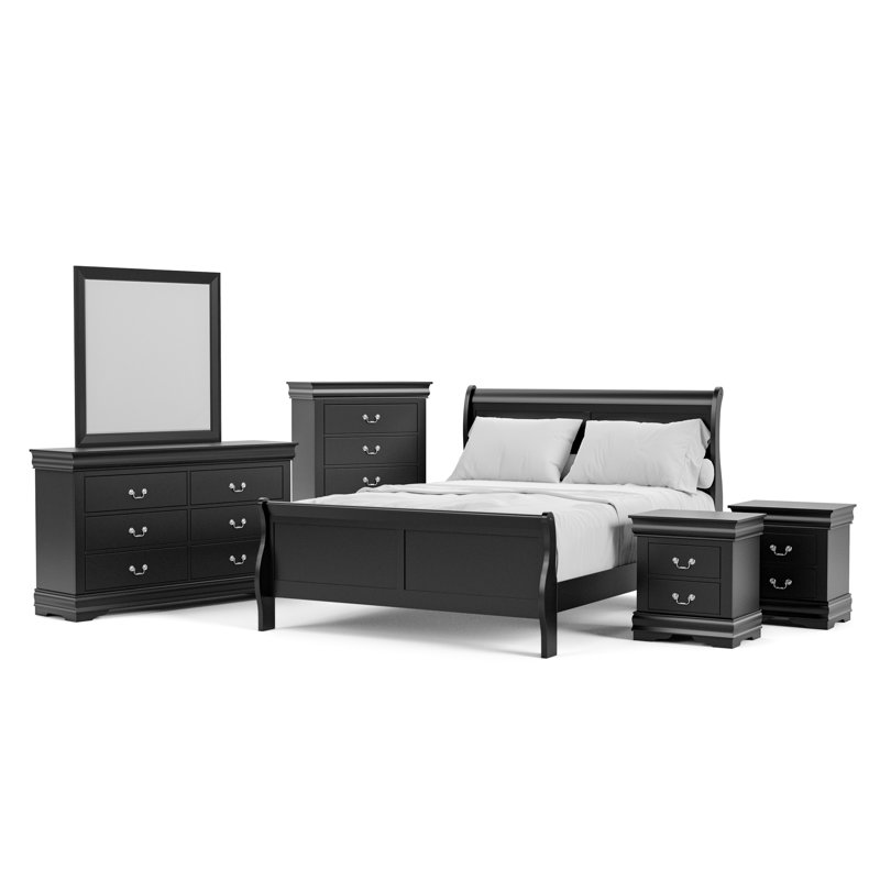 Ensemble de chambre à coucher Extula, Noir, Grand, Six articles : lit, deux tables de chevet, deux c