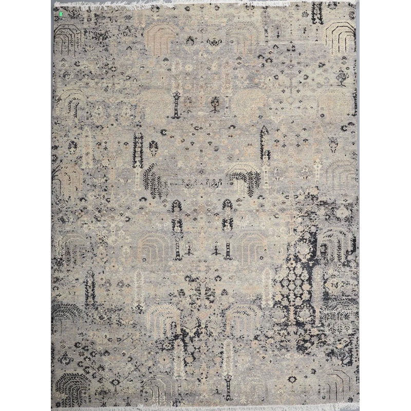 Tapis en laine noué à la main 8 pi x 9 pi 11 po | Tapis de jardin architectural moderne | Tapis transitionnel gris marine | Grand tapis de style fin