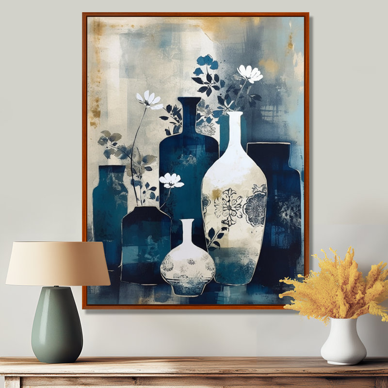 Smither Blue And Cream Whimsical Clay Vase II On Canvas Print, 20" H x 12" W, Brown Floater Framed