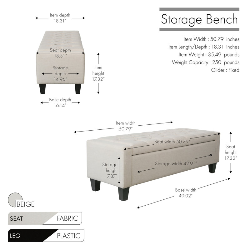 Beige Fabric Button Tufted Storage Bench with Hinged Lid