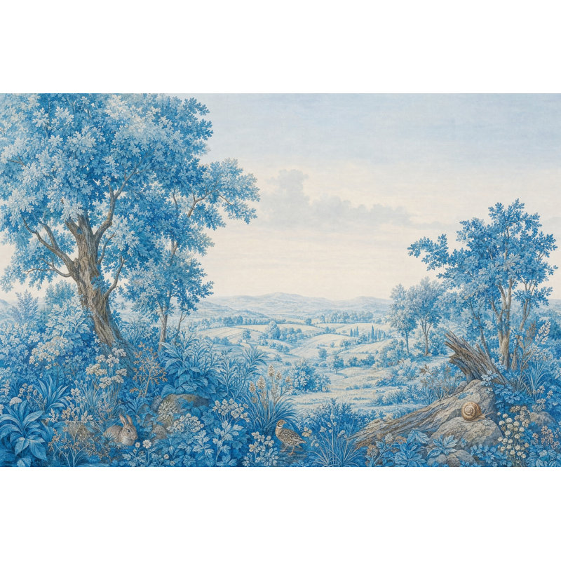 Papier peint mural vintage à motif toile de Jouy représentant un paysage pastoral bleu, 160 po x 108 po, Non tissé