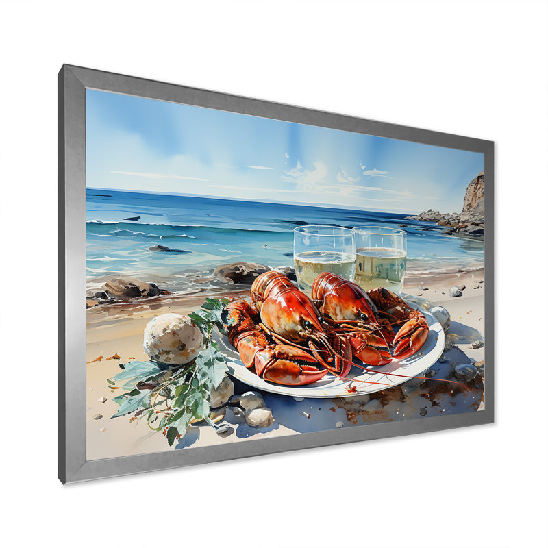 Assiette plate homard avec vue sur l'océan, H 34 po x l 44 po x P 1,5 po, Cadre simple argenté