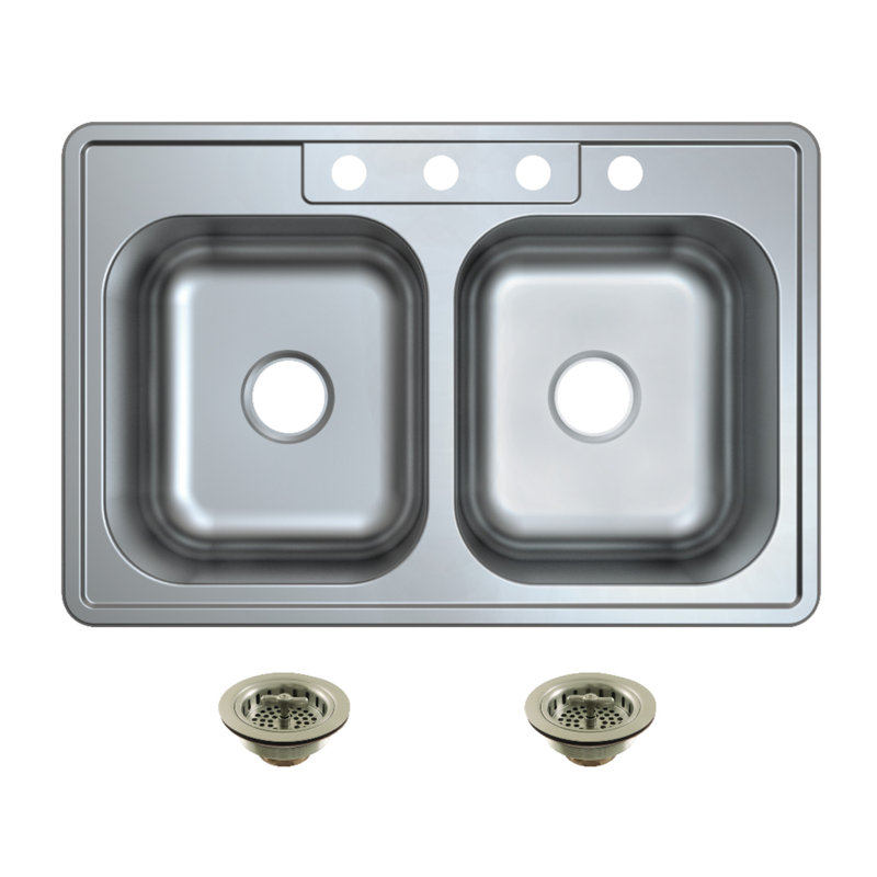 Kingston Brass Studio 33-Inch Stainless Steel Self-Rimming Double Bowl Drop-In Kitchen Sink With 4-Hole Drain And Strainer