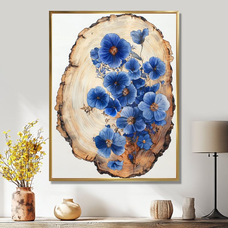 Munos, feuilles de bois bleues, diapositive I - Fleurs sauvages, H 32 po x l 16 po, Impression encadrée flottante, Doré
