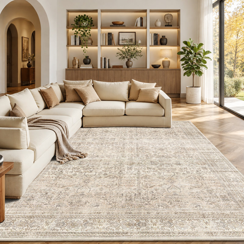 Tapis délavé lavable, antidérapant et doux, Beige, Rectangle 9'x12'