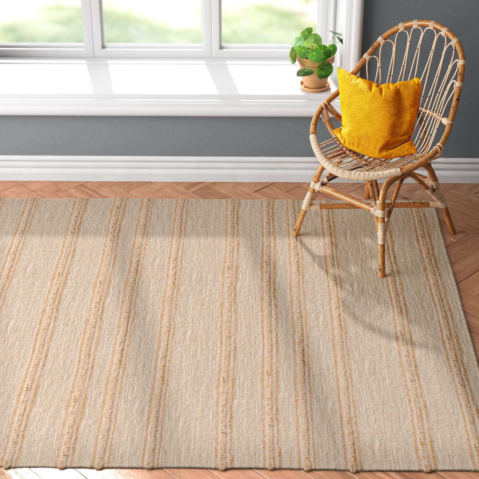 Lila Light Gray Hand-Woven Striped Jute Rug, Rectangle 6' x 9'