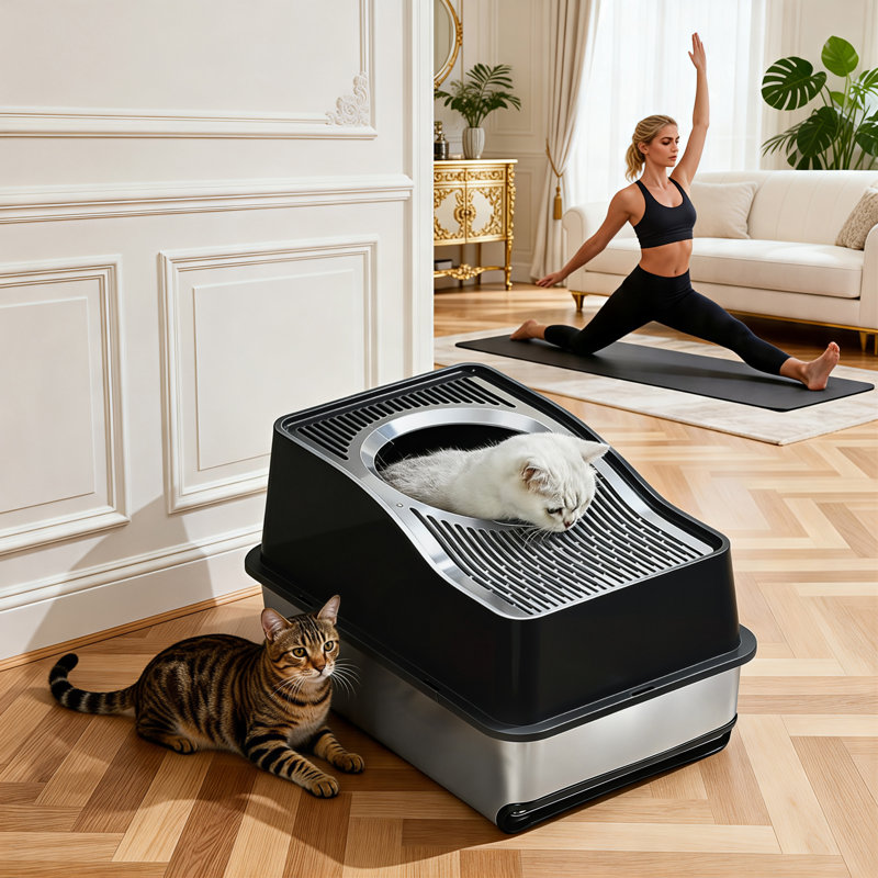 Stainless Steel Litter Box, 60*40*40CM outer stainless steel basin 20CM, Black