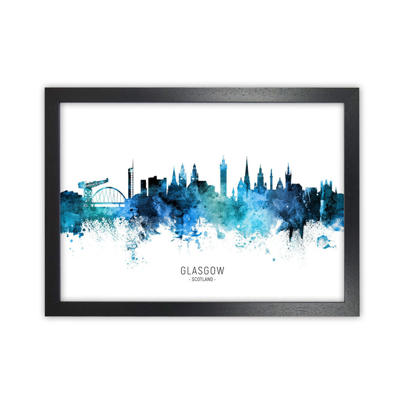 Glasgow Scotland Skyline Blue City Name by Michael Tompsett - Print, Black Framed, 25cm H x 34cm W x 3cm D