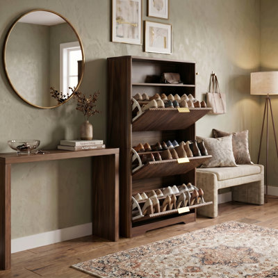 Walnut Freestanding Shoe Cabinet, Entryway Hidden Shoe Organizer with 3 Flip Drawers for Foyer Hallway