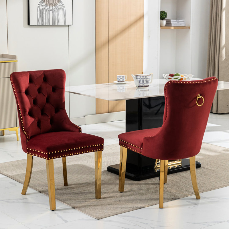 Stylish High Dining Chair , 2 Units, Burgundy Velvet, Golden Stainless Steel Legs And Decorative Trim Modern Chairs Pieces, Wine Red Velvet Upholstery, Legs, Stable Solid Wood Frame, Resilient Foam